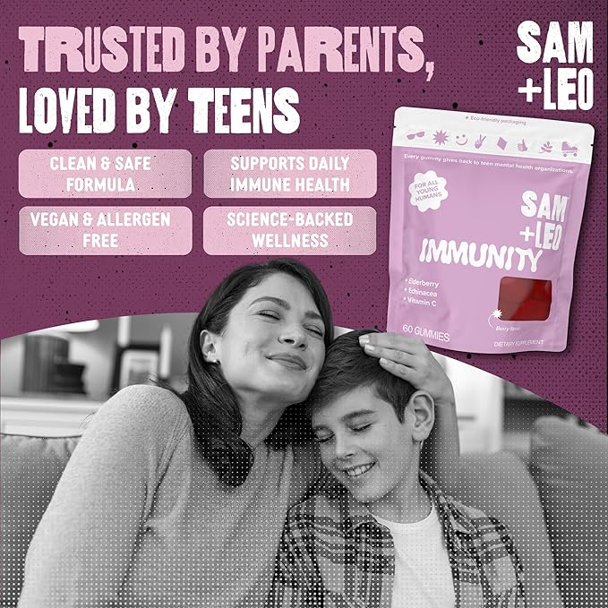 SAM+LEO Immunity Gummies with Elderberry Echinacea Zinc &amp Vitamin C for Kids &amp Teens – Immune Support Supplement Gummies | Vegan &amp Gluten Free Supplement – Berry Flavor (60 Count)