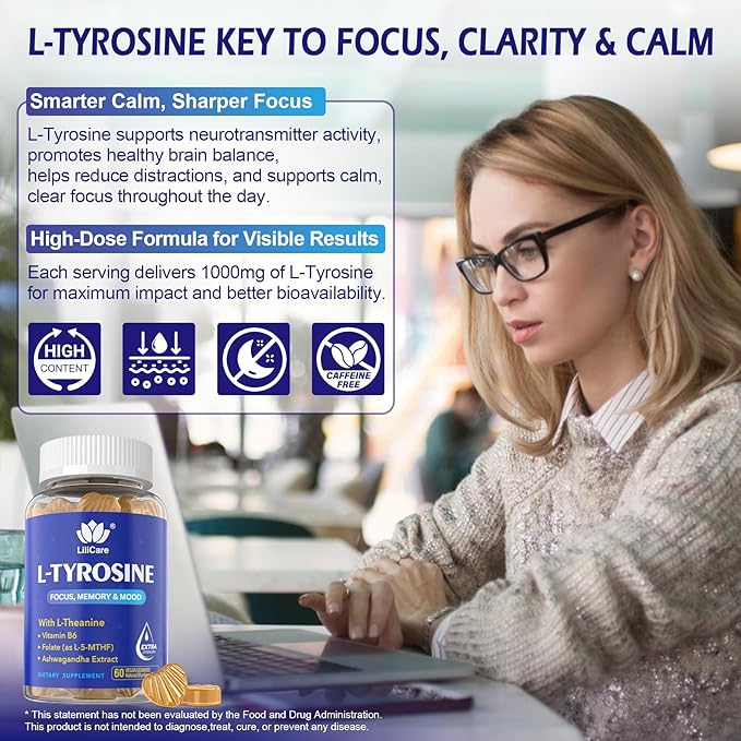 L Tyrosine Calm &amp Focus Supplement Gummies 1100mg for Adults L-Tyrosine Brain Supplement Gummies w/ L-Theanine Ashwagandha Vitamin B6 &amp B9 Supplements for Memory Mood Relax Energy -Vegan