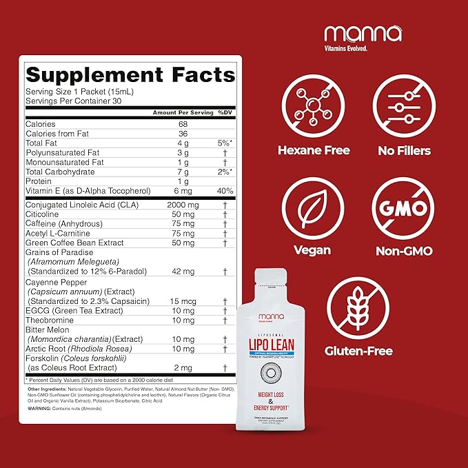Manna Vitamins Evolved Liposomal Lipo Lean Thermogenic Metabolism Support Cravings Management Weight Loss Support for Women Men Liposomal Absorption 3500mg CLA Carnitine Green Tea 30 Packets