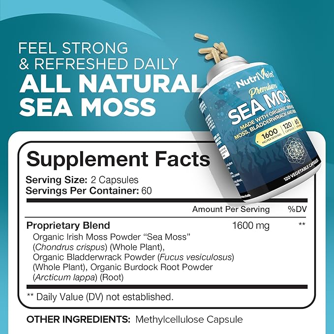 Nutrivein Premium Sea Moss Capsules &amp Resveratrol Supplement Bundle: High-Absorption Resveratrol Capsules and Irish Sea Moss for Digestion Vitality &amp Repair