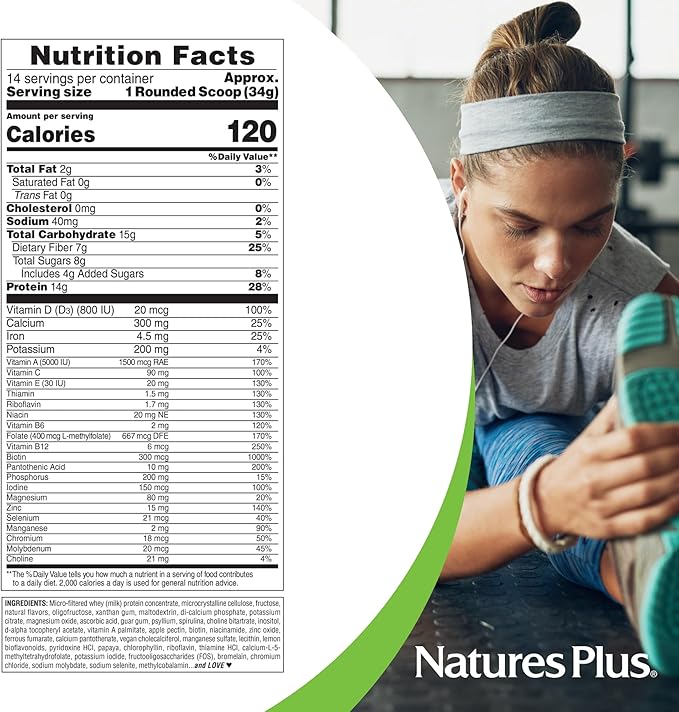 NaturesPlus SPIRU-TEIN WHEY Shake Vanilla - 1.05 lb - Whey Protein Powder - with Spirulina Vitamins &amp Minerals - Gluten Free - 14 Servings