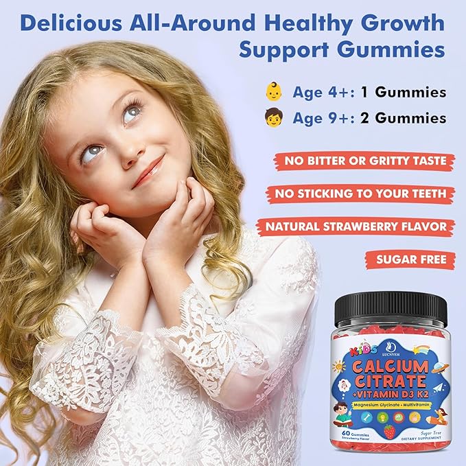 Kids Calcium Citrate Gummies with Vitamin D3 Supplement Calcium Citrate 300/600 mg with Magnesium Zinc &amp Multivitamin for Kids 4+ &amp Teens Support Bone Muscle &amp Digestive Health Sugar Fr