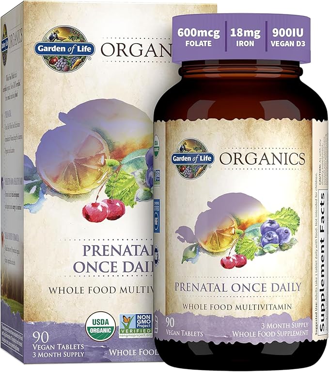 Garden of Life Prenatal Vitamins for Women Organics Folate for Energy &amp Healthy Fetal Development Non-constipating Iron Vitamin C B6 B12 D3 Non-GMO Gluten-Free Vegan 90 Day Supply