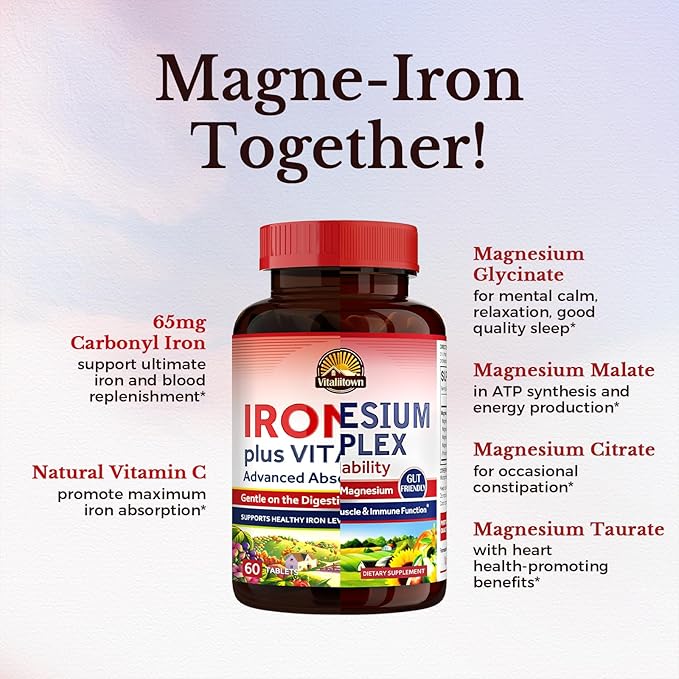 Vitalitown Magnesium Complex Supplement 500mg &amp 65mg Iron Supplement for Women Men for Sleep Muscle Blood Building &amp Energy Improvement