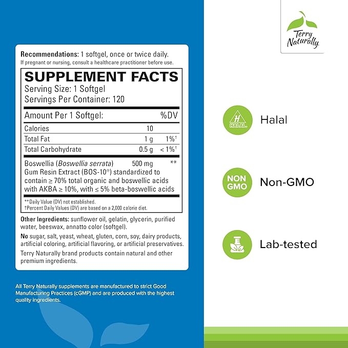 Terry Naturally BosMed 500 Extra Strength - Boswellia Serrata Extract Supplement - Supplement for Healthy Lung Support - Herbal Supplement Formula with High Levels of AKBA - 120 Softgels (Pack of 2)