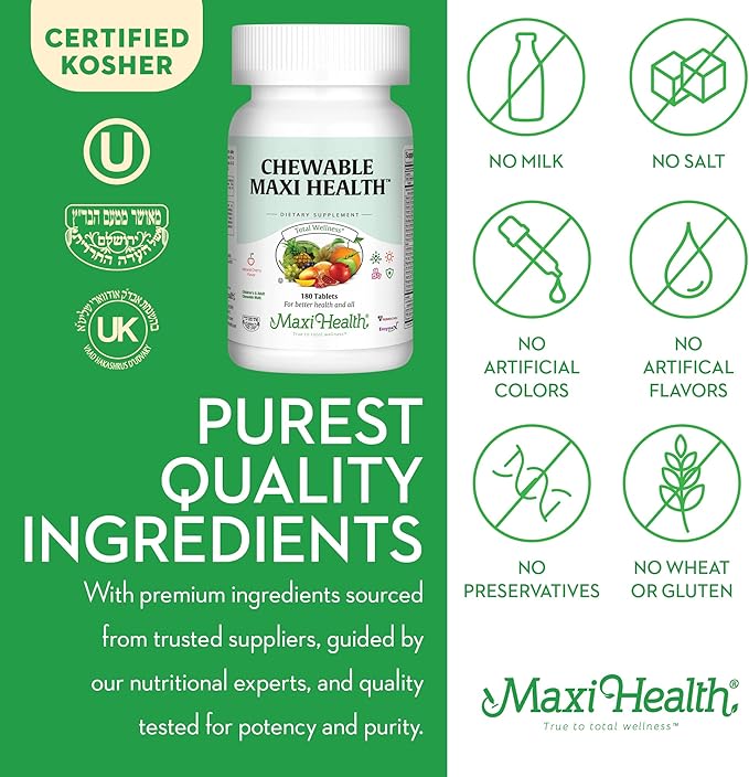 Maxi Health Chewable Multivitamin for Kids Teens and Adults - Cherry Chewable Vitamins for Adults &amp Children - Kosher Kids Multivitamin + Iron (180 Tablets)