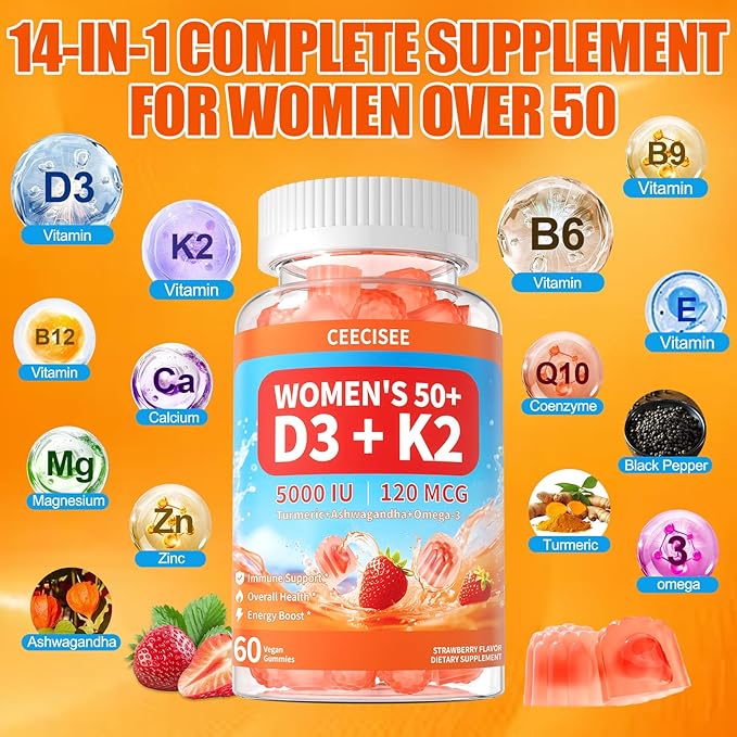 Vitamin D3 K2 Gummies Supplement for Women 50+: Organic Vitamin D3 5000 IU + K2 (MK-7) 120 mcg with 500mg Omega-3 400mg Calcium CoQ10 for Immune Health - Extra Strength for Adults(120Count)