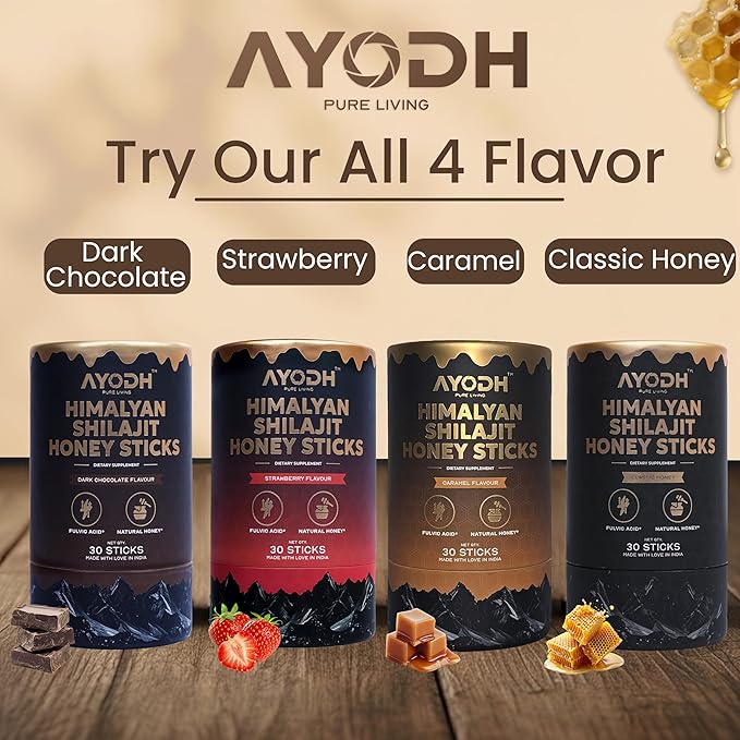 Himalayan Shilajit Honey Sticks with Natural Honey Caramel Flavor – 30 Count 75%+ Fulvic Acid 85+ Trace Minerals Easy Single-Use Energy &amp Immunity Support