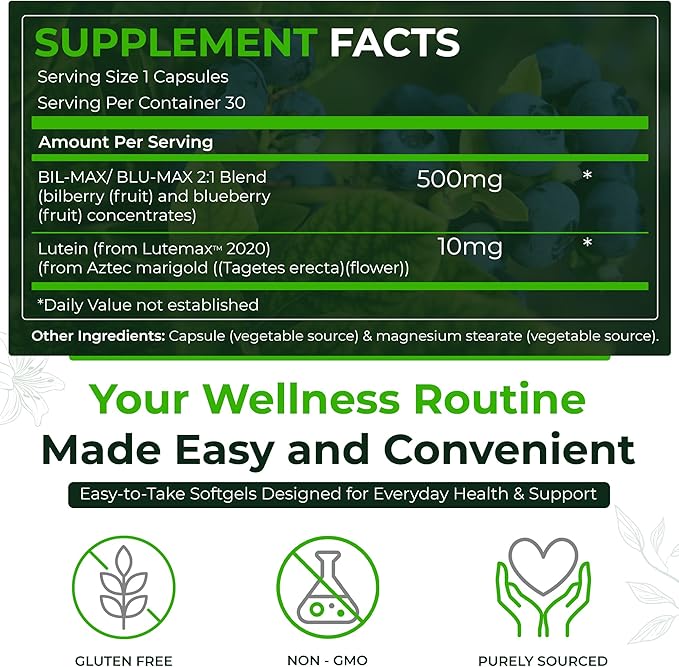 Natural Nutra Ultimate Eye Health Supplement - Bilberry &amp Blueberry Extract Blend for Day and Night Vision Support Promotes Color Perception &amp Eye Clarity - Non-GMO Gluten-Free Vegan - 30 C