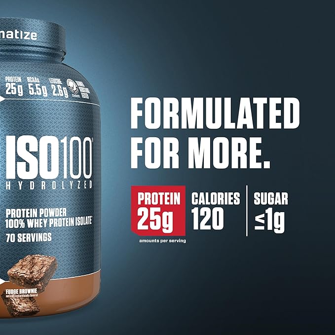 Dymatize ISO100 Whey Protein Powder Isolate Fudge Brownie 25g of Protein 5 Pound 5.5g BCAAs Less Than 120 Cal. Gluten Free 1g Fat 1g Sugar 2g Carb (70 Servings)