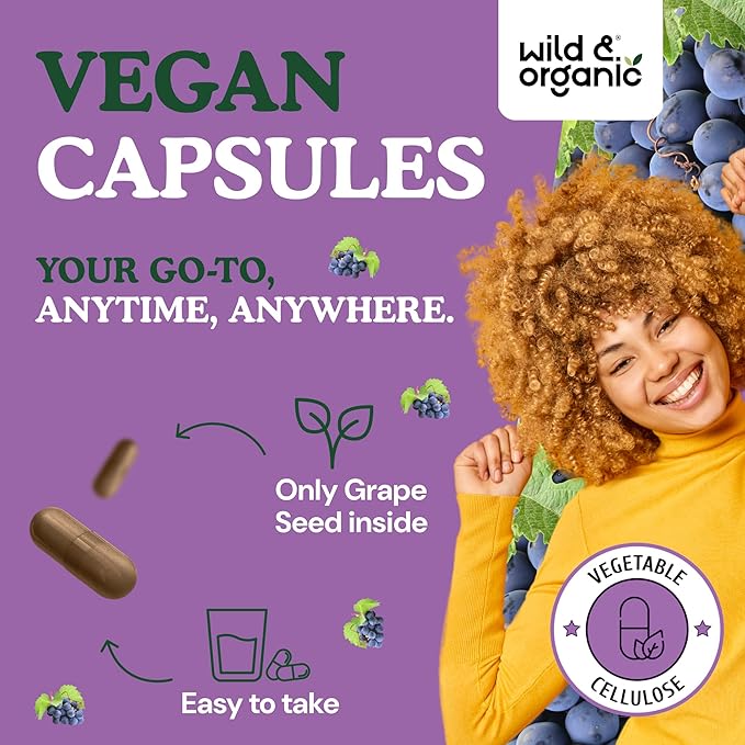 Wild &amp Organic Grape Seed Extract Capsules - 20000 mg Strength Grapeseed Extract Equivalent - 95% Polyphenols - 400 mg per Serving - 3 Month Supply - 90 Vegan Capsules - Non-GMO
