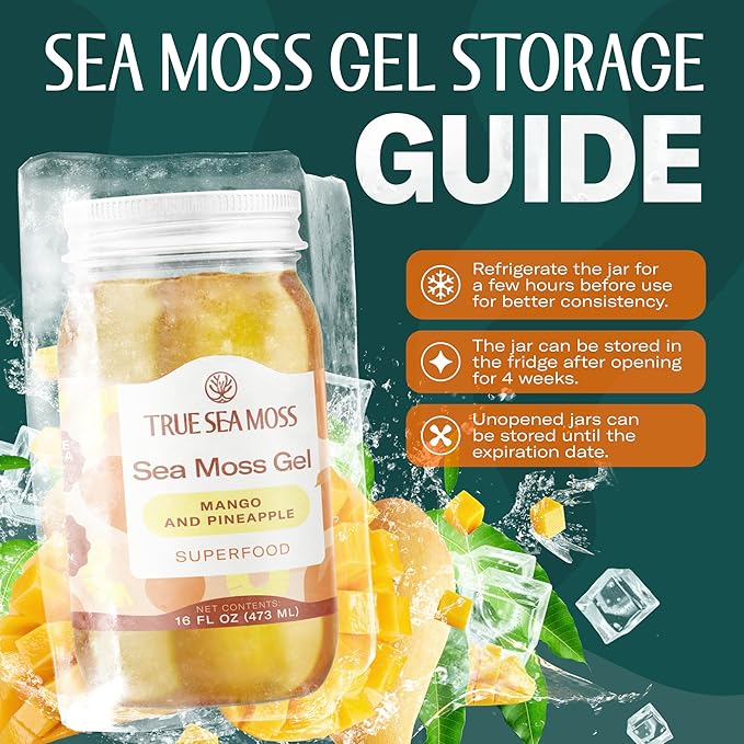 TrueSeaMoss Sea Moss Gel – Made in USA – Wildcrafted Seamoss Fruits &amp Jarred Vegetables – Mango/Pineapple Pack of 1 (Labels may Vary)