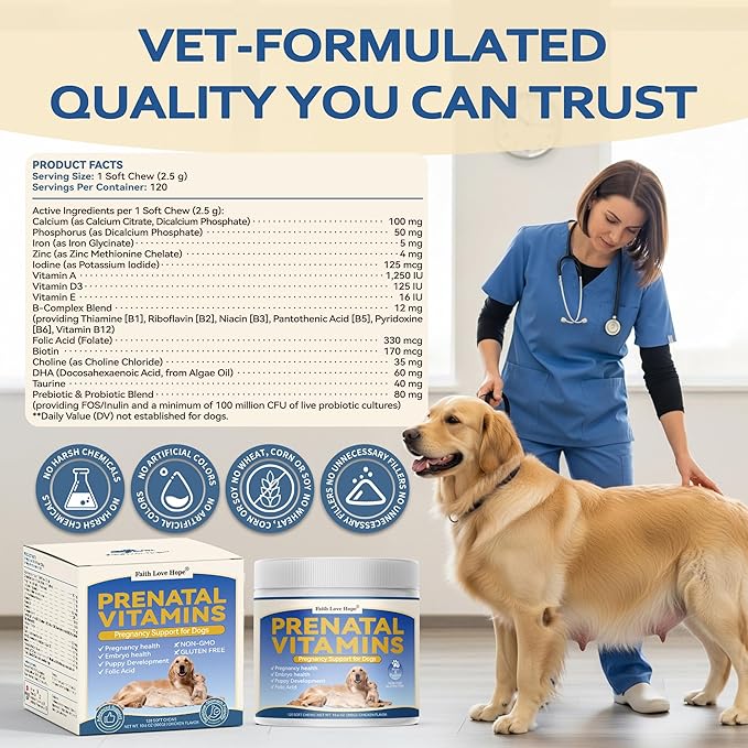 Dog Prenatal Vitamins - Supports Pregnancy Wellness Puppy Growth &amp Lactation and Recovery | Riched Essential Nutrients - DHA Folic AcidIron Calcium | Advanced Multivitamin for Pregnant and Nur