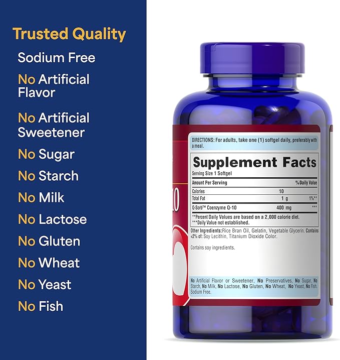 Puritan's Pride Coenzyme CoQ10 400mg Dietary Supplement for Heart Health Blood Pressure Oral Gum Health and Healthy Aging Support 120 Day Supply Rapid Release Softgels