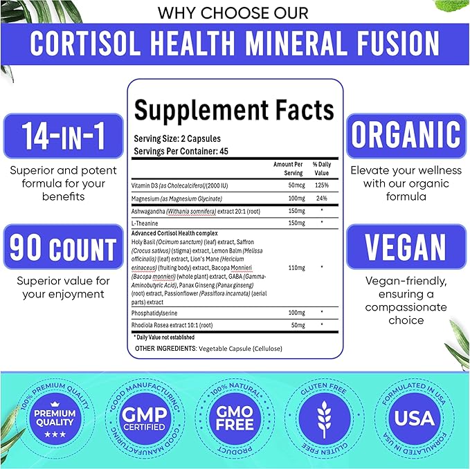 Adndale Cortisol Supplements for Women. Cortisol Reducer 14-in-1 Ashwagandha Supplement with Magnesium Glycinate L-Theanine &amp More. 90 Capsules.