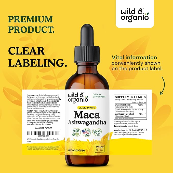 Wild &amp Organic Maca Ashwagandha Drops for Men and Women - Peruvian Maca Root and Ashwagandha Tincture for Overall Support - Vegan Sugar &amp Alcohol-Free Extract Supplement - 2 fl oz