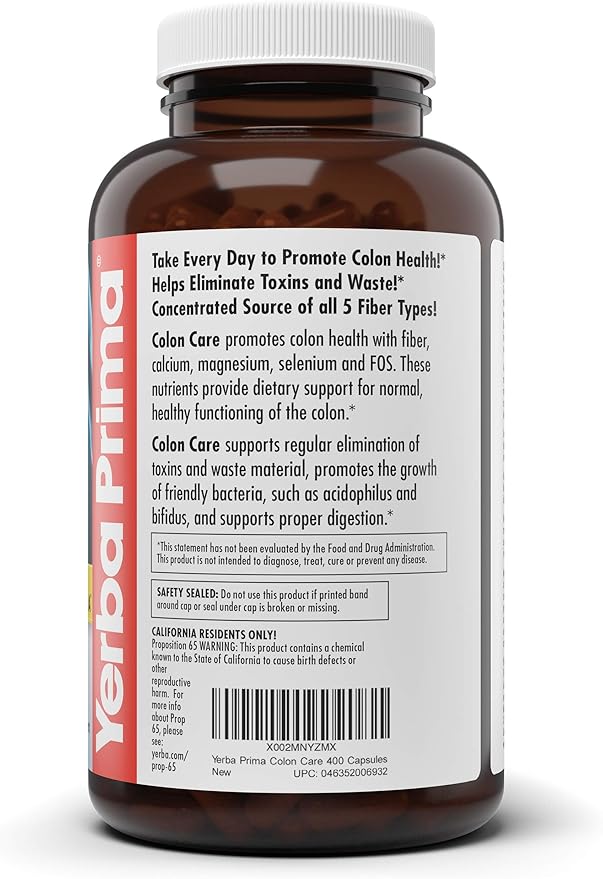 Yerba Prima Prebiotic Colon Care Capsules 400 Caps - Five Forms of Fiber Plus FOS Pre-biotics - Dietary Health Supplement - Healthy Soluble &amp Insoluble Fibers for Regularity &amp Digestive Suppo