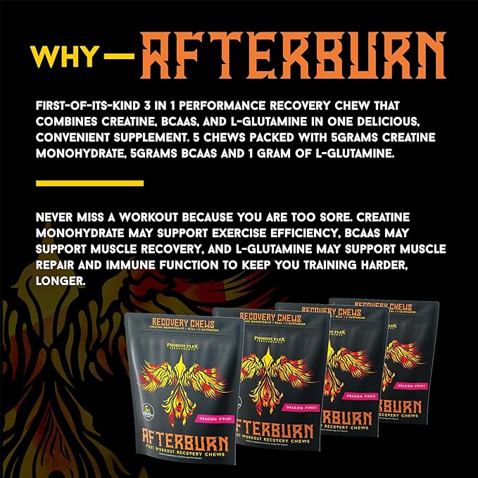 After Burn Creatine Monohydrate Chews - BCAAs &amp L-Glutamine - Gummies - Pre/Post Workout Recovery for Men &amp Women - Strength Energy Endurance - Muscle Growth - Immune Function