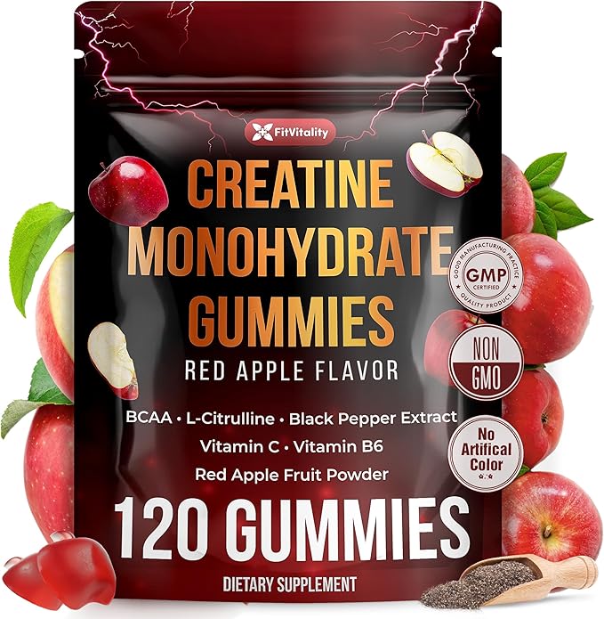Premium 120 Creatine Gummies - Formulation with Creatine Monhydrate Vitamin C &amp B6 - Vegan Non-GMO Sugar-Free Red Apple Flavor