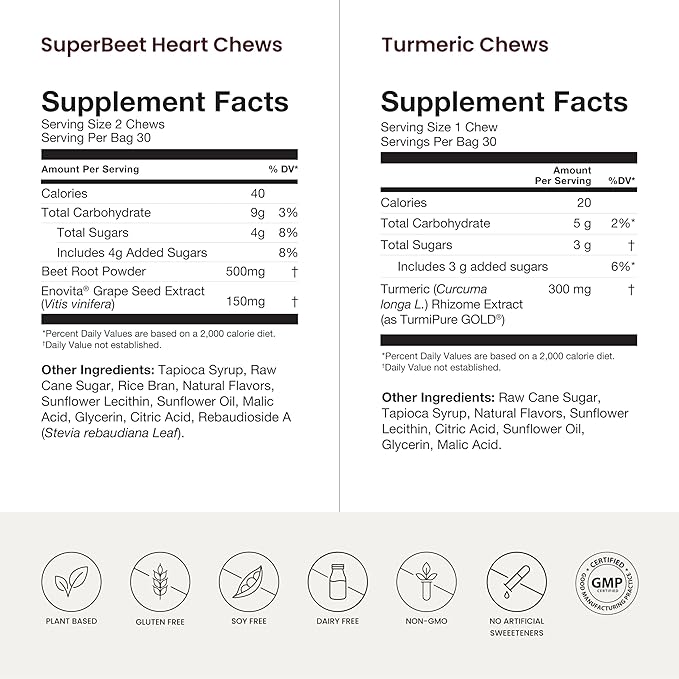 Humann SuperBeets Heart Chews &amp Turmeric Chews Beetroot and Turmeric Supplement High Absorption Curcumin Complex Nitric Oxide Support 90 Count