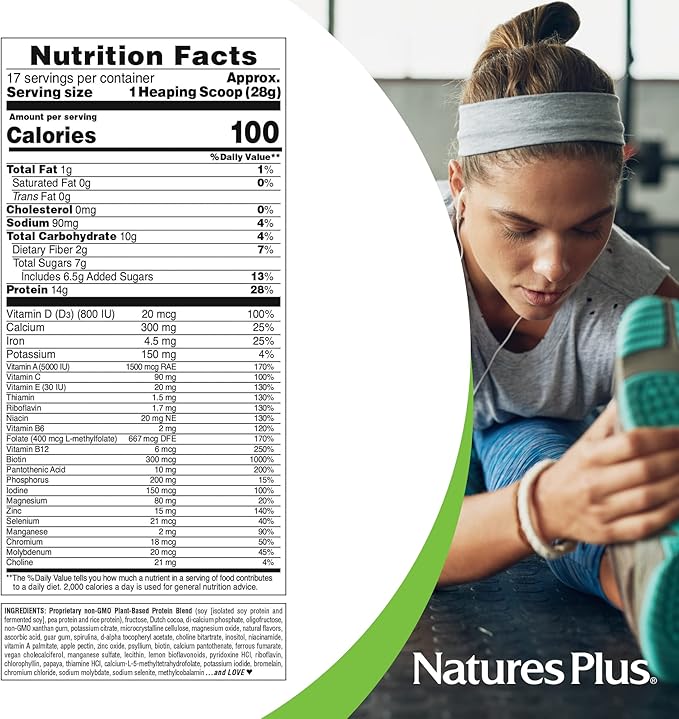 NaturesPlus SPIRU-TEIN Chocolate - 1.05 lbs Pack of 2 - Plant-Based Protein Shake - Non-GMO Vegetarian Gluten Free - 34 Total Servings