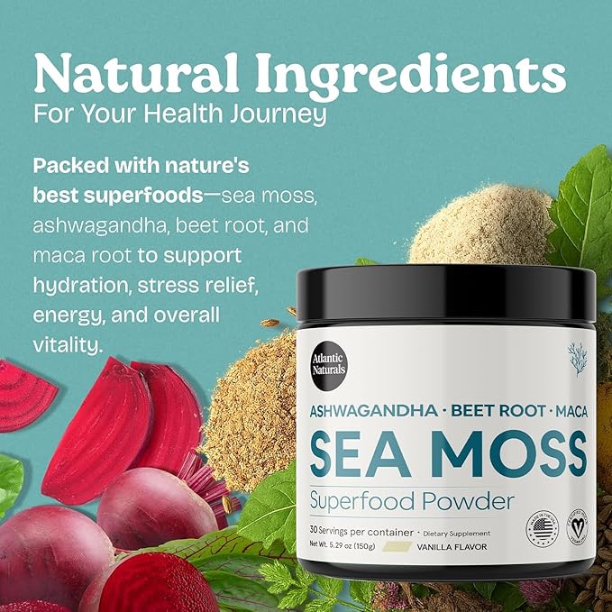 Atlantic Naturals Superfood Organic Sea Moss Powder Blend with Ashwagandha Maca Root &amp Beet Root | Ideal for Healthy Skin Positive Mood &amp Energy | Vanilla Flavor (150g)