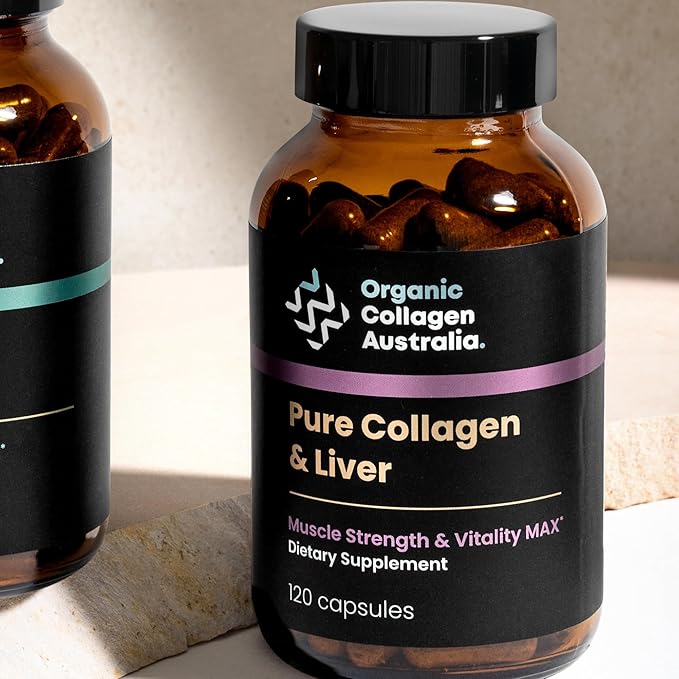 Organic Collagen Australia Pure Collagen &amp Liver Capsules – Muscle Strength &amp Vitality with Hydrolyzed Collagen Grass-Fed Liver and Vitamin B12 – 120 Capsules