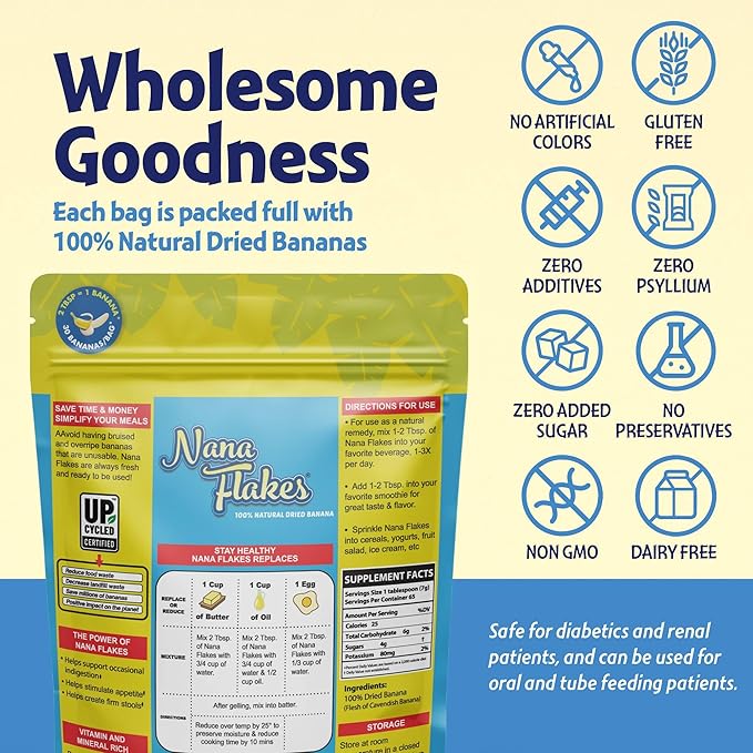 Nana Flakes 100% Pure Banana Flakes Food Powder - Natural - Great Source of Potassium &amp Fiber (Banana One Pound Bag)