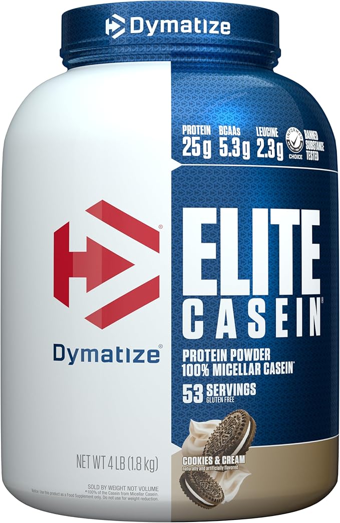 Dymatize Elite Casein Protein Powder Cookies &amp Cream 100% Micellar Casein 25g Protein 5.4g BCAAs 2.3g Leucine Slow Absorbing for Overnight Muscle Recovery 4 lb (53 Servings)