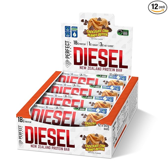 PERFECT SPORTS Diesel New Zealand Whey Protein Bars | Stevia Sweetened No Artificial Flavors | Low Sugar 18g Protein | 12 Pack (Chocolate Peanut Butter)