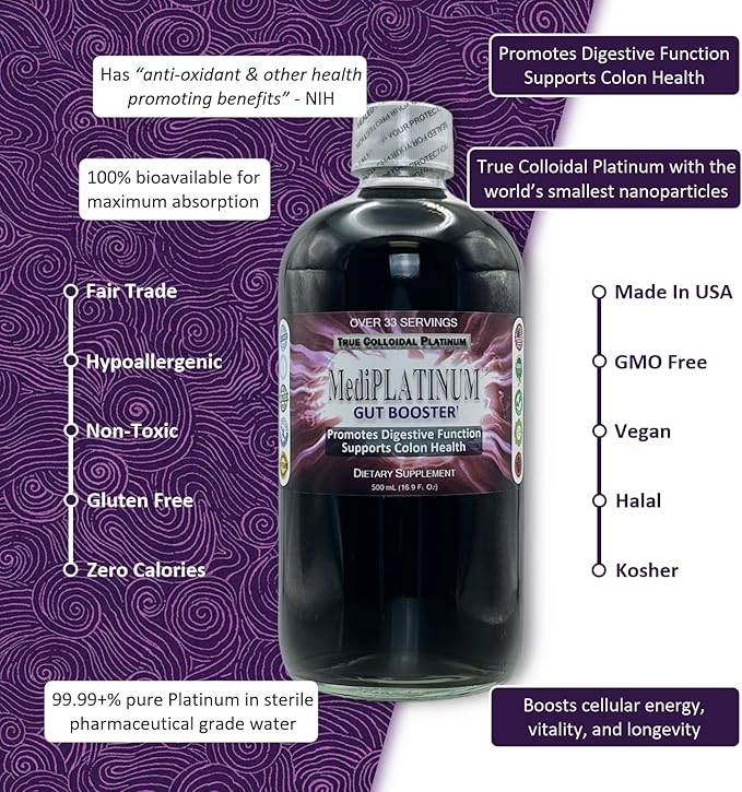 MediPLATINUM Gut Booster True Colloidal Platinum PtNP Nutritional Supplement - 1 US Gallon in BPA-Free Plastic Jug