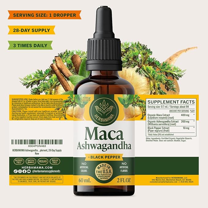 HERBAMAMA Ashwagandha Maca Drops - Vegan Mood Support &amp Overall Well-Being with Ashwagandha and Maca Root Extract Tincture - Non-GMO Alcohol &amp Sugar-Free Women &amp Men Support Supplement 2