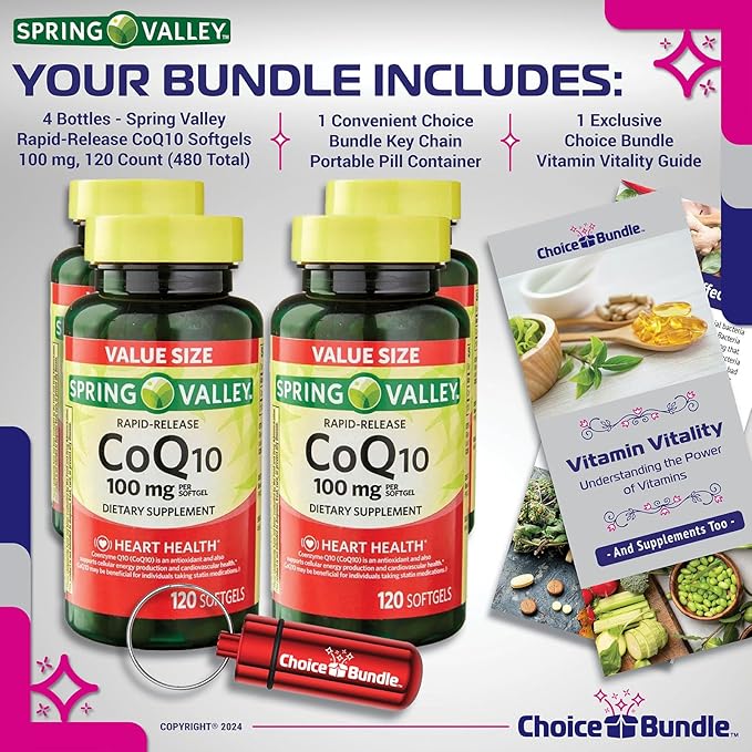 Choice Bundle Spring Valley Rapid-Release CoQ10 Coenzyme Q10 100 mg Softgels 120 Ct 4 pk (480 Total) + Vitamin Guide &amp Pill Container (6 Items)!
