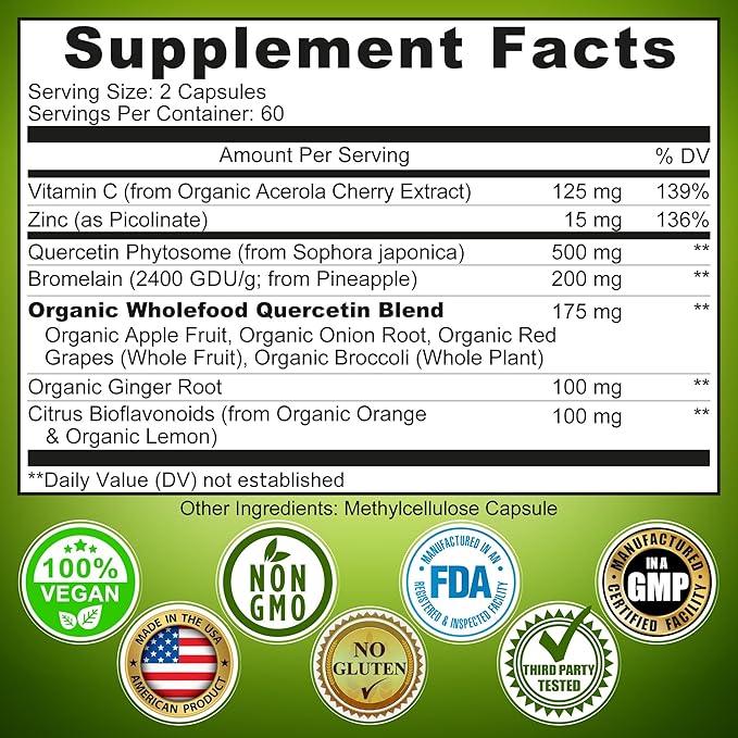 Immune Support Bundle - Quercetin with Bromelain Vitamin C &amp Zinc + Liposomal Vitamin C 1100mg – with Organic Whole Food Blend &amp Acerola Cherry – Antioxidant Respiratory &amp Cardiovascular