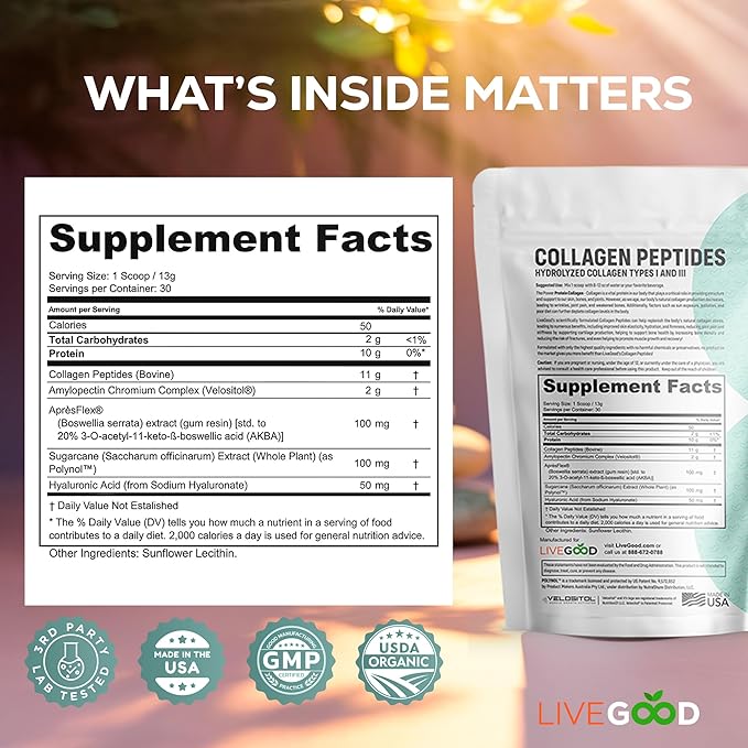 LIVEGOOD Collagen Peptides Powder Hydrolyzed Type I and III Collagen for Hair Skin Nails and Joints Unflavored Grass-Fed Collagen Supplement for Mobility and Recovery (30 Servings)