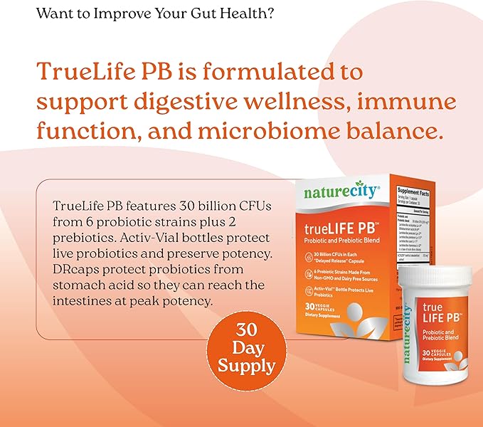 NatureCity True-Life-PB Shelf Stable Blend Prebiotics and Probiotics for Women and Men - Digestive Gut Health Supplements for Women and Men - Dairy Free - (60 Veggie Capsules)