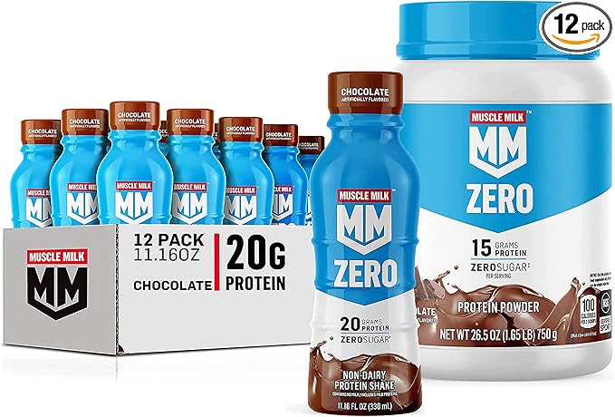 Muscle Mik ZERO Shake Chocolate 11.16 Fl Oz Bottles (Pack of 12) + Muscle Milk Zero 100 Calorie Protein Powder Chocolate 15g Protein 1.65 Pound 25 Servings