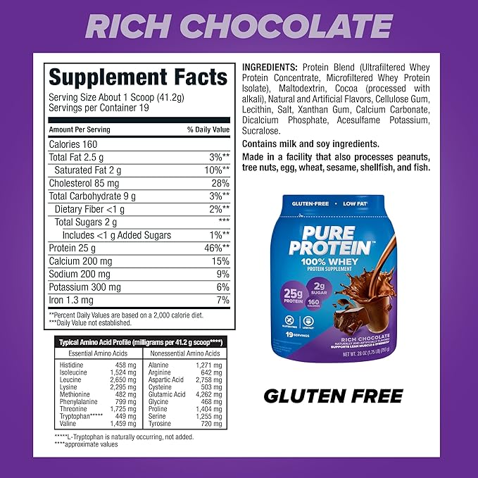 Pure Protein Whey Protein Powder 25g Protein 1.75lb + Protein Bars 20g Protein 12 Count Chocolate Peanut Butter