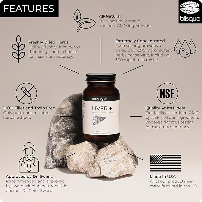 Blisque – Liver Complex Supplement to Detox Cleanse and Repair the Liver | Doctor Approved | Natural Ingredients | Milk Thistle Dandelion and Burdock Root | 90 Capsule Pills