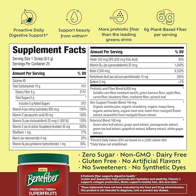 Benefiber Prebiotic Fiber + Superfruits Dietary Supplement Strawberry Dragon Fruit Flavor 8.8 oz (250g)