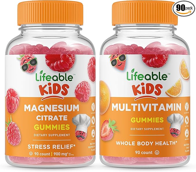 Lifeable Magnesium Kids + Multivitamin Kids Gummies Bundle - Great Tasting Vitamin Supplement Gluten Free GMO Free Chewable Gummy