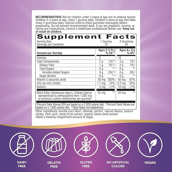 Nature's Way Sambucus Zero Sugar Elderberry Immune Gummies for Kids Immune Support* with Vitamin C Zinc Black Elderberry Extract 70 Count (Packaging May Vary)