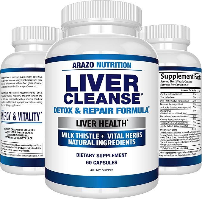 Arazo Nutrition Liver Cleanse Detox &amp Repair Formula – Milk Thistle Herbal Support Supplement: Silymarin Beet Artichoke Dandelion Chicory Root (Pack of 2)