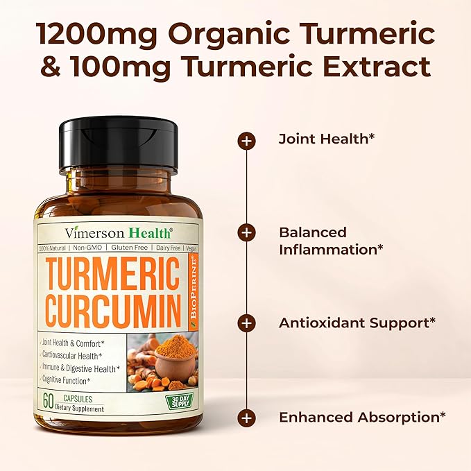 Turmeric Curcumin Supplement with Black Pepper Extract - High Potency Organic Turmeric 1200mg &amp 95% Curcuminoids for Joint &amp Digestive Health - Joint Support Supplement - 60 Curcuma Capsules -