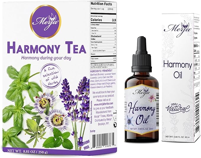 Merja Harmony Tea and Oil Set Natural Stress Relief Caffeine-Free Herbal Blend 8.81 oz Tea and 0.68 fl oz Oil