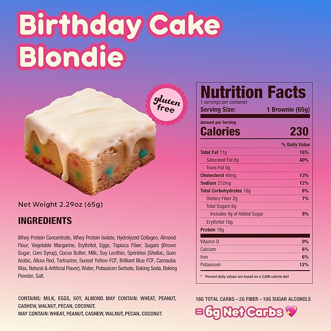 Prime Bites High Protein Brownie (12 Per Box Birthday Cake Blondie) - 19g of Protein 5g of Collagen Gluten Free Low Sugar Treat Delicious Protein Snack