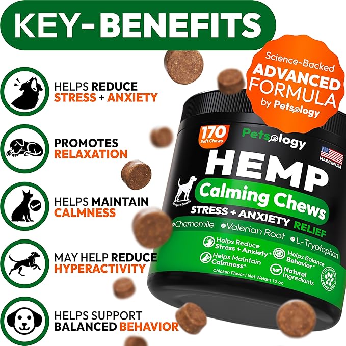 Hemp Calming Chews for Dogs - 170 Dog Calming Chews - Anxiety Relief Treats - Advanced Stress Relief Supplement Separation Aid Barking Fireworks Melatonin - Hip &amp Joint Support - Made in USA