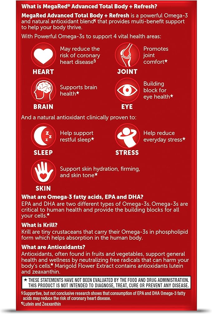MegaRed Omega-3 Blend Total Body + Refresh 500mg Softgels (65 Count in a Bottle) Easily Absorbed Krill Oil to Support Your Heart Joints Brain &amp Eyes
