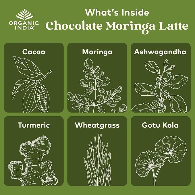 Organic India Chocolate Moringa Latte Powder - Superfood Mix Moringa Leaf Tea With Ashwagandha and Turmeric Dietary Supplement Stress Support Rich Cocoa Caffeine Free - 3.52 Oz