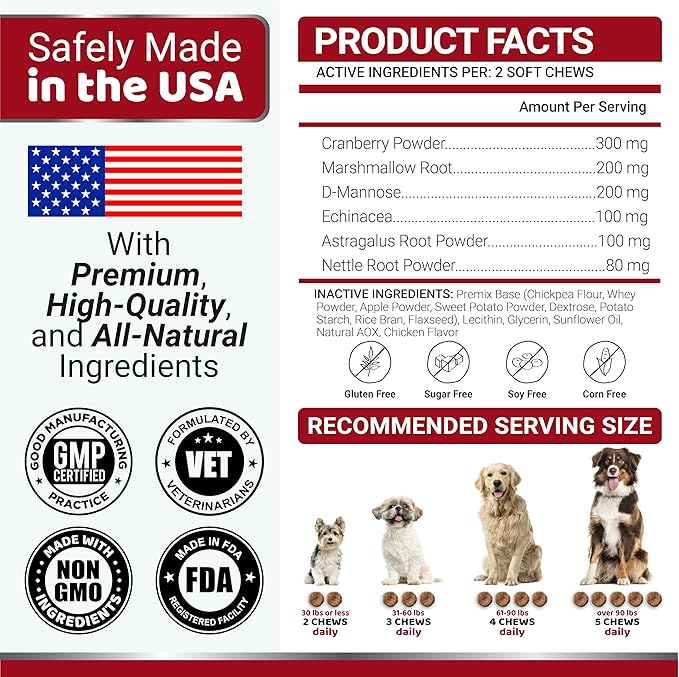 Dog UTI Chews - 170 Treats - Cranberry Supplement for Dogs - Bladder Control - Digestion &amp Immune Support - Urinary Tract Health - Multivitamin - Vitamins and Supplements - Made in USA